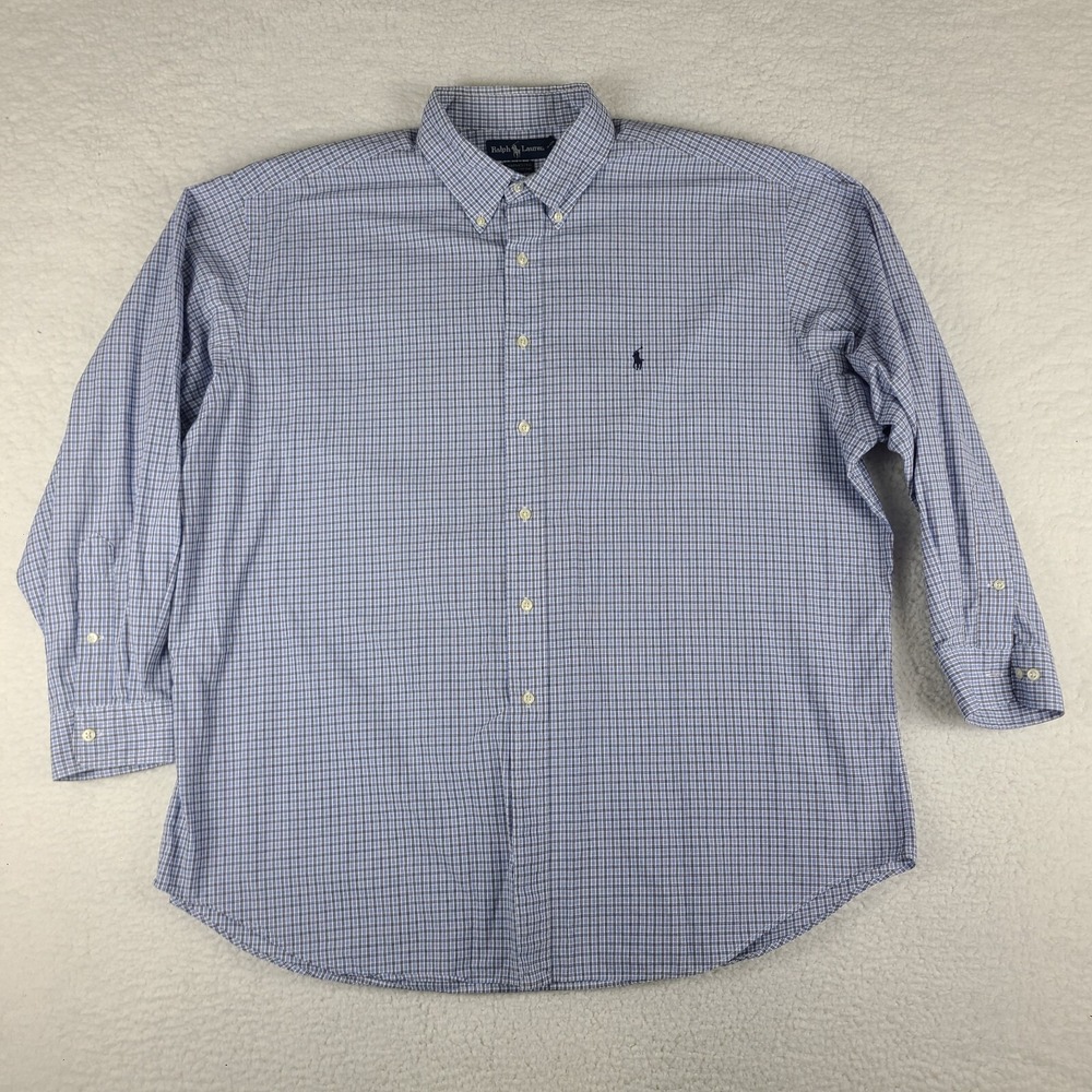 Ralph Lauren Dress Shirt Mens 18 34/35 Blue Plaid Yarmouth Button Up VTG